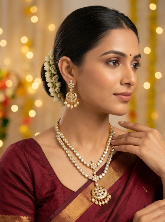 Double layer diamond necklace set with pearl drop pendant