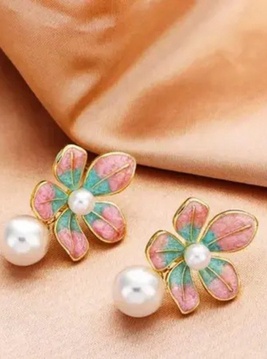 Pastel pink and aqua floral earrings with pearl drops – Ladybreeze