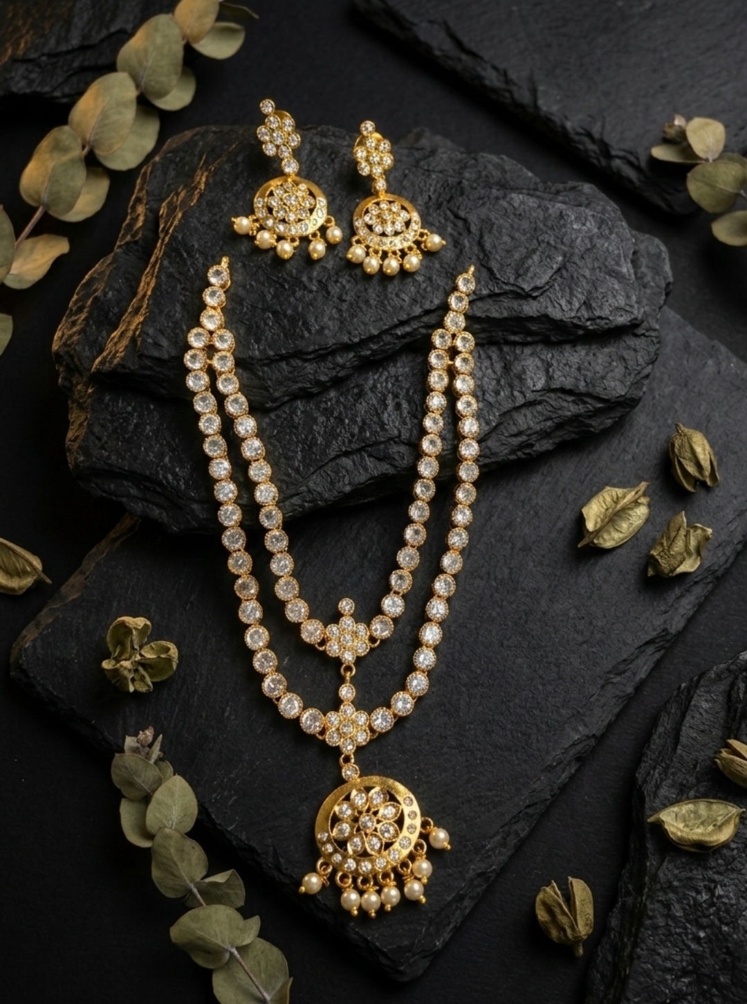 American diamond layered necklace with matching earrings