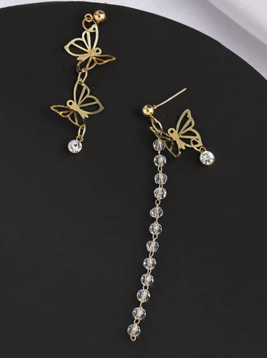 Golden Flutter asymmetric earrings with butterfly and bead chain – Ladybreeze