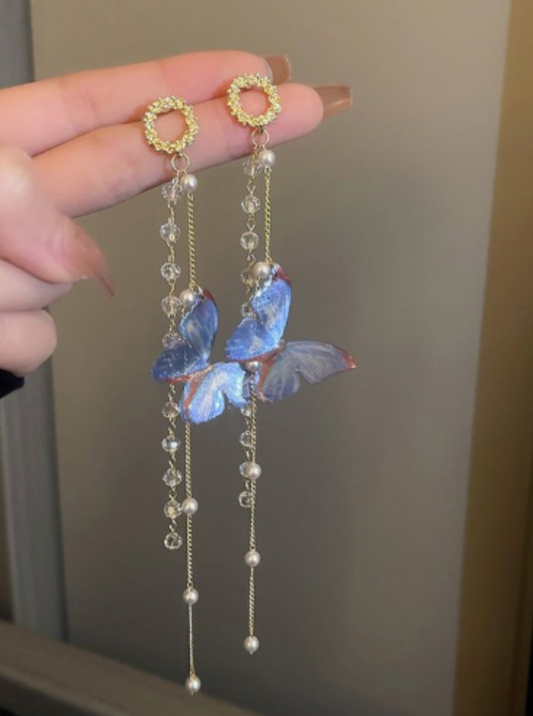 Sky Bloom blue butterfly drop earrings with pearl chains – Ladybreeze