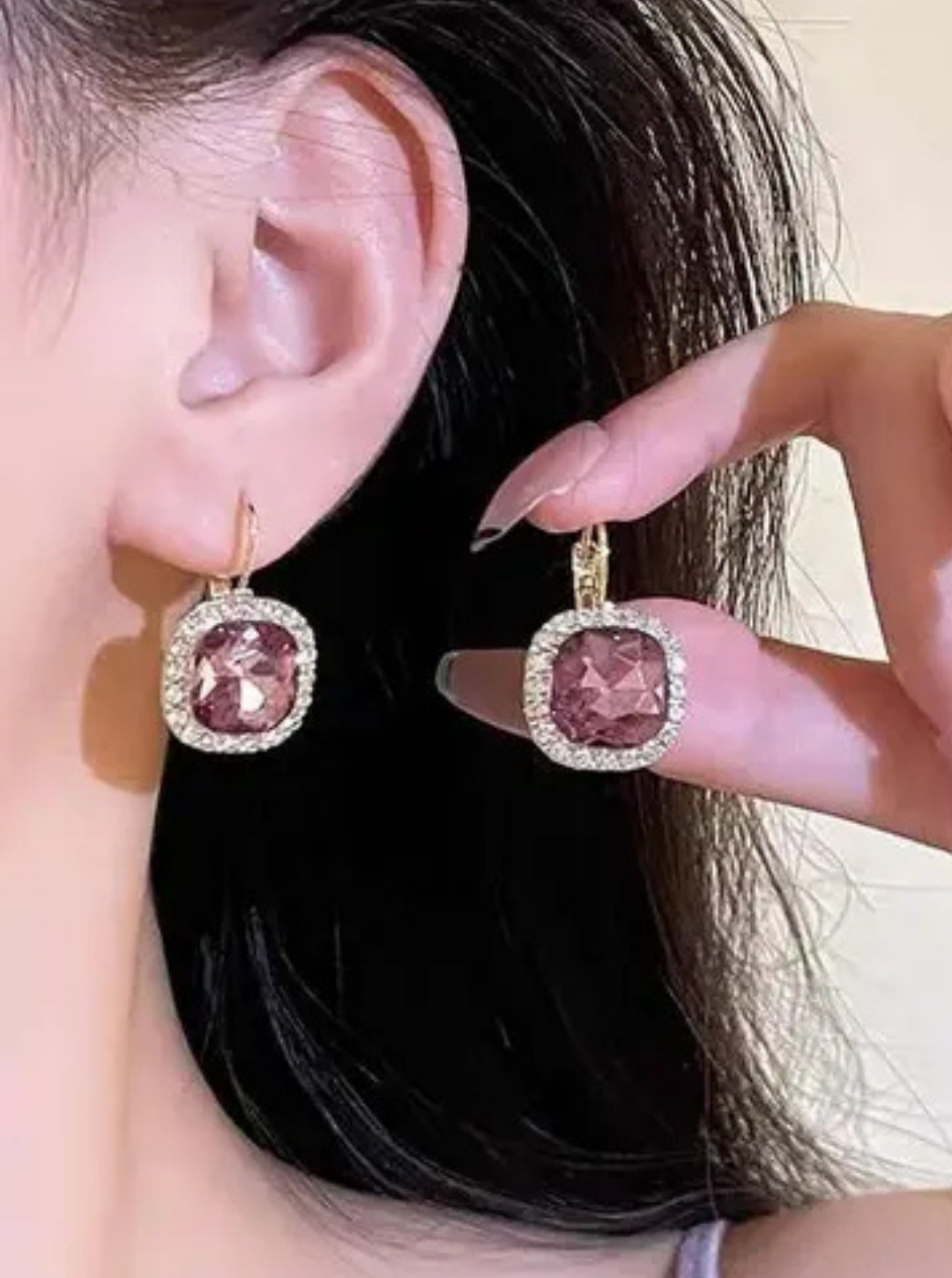Square pink crystal earrings surrounded by clear rhinestones – Ladybreeze