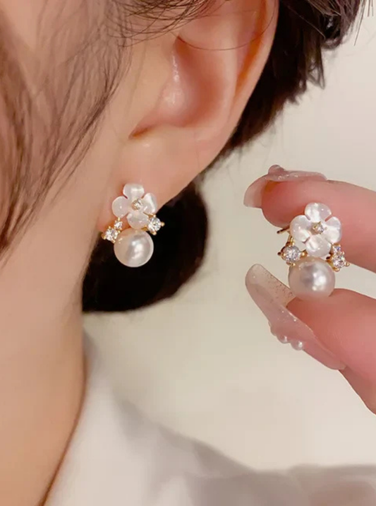 Blossom pearl stud earrings with floral crystal center – Ladybreeze