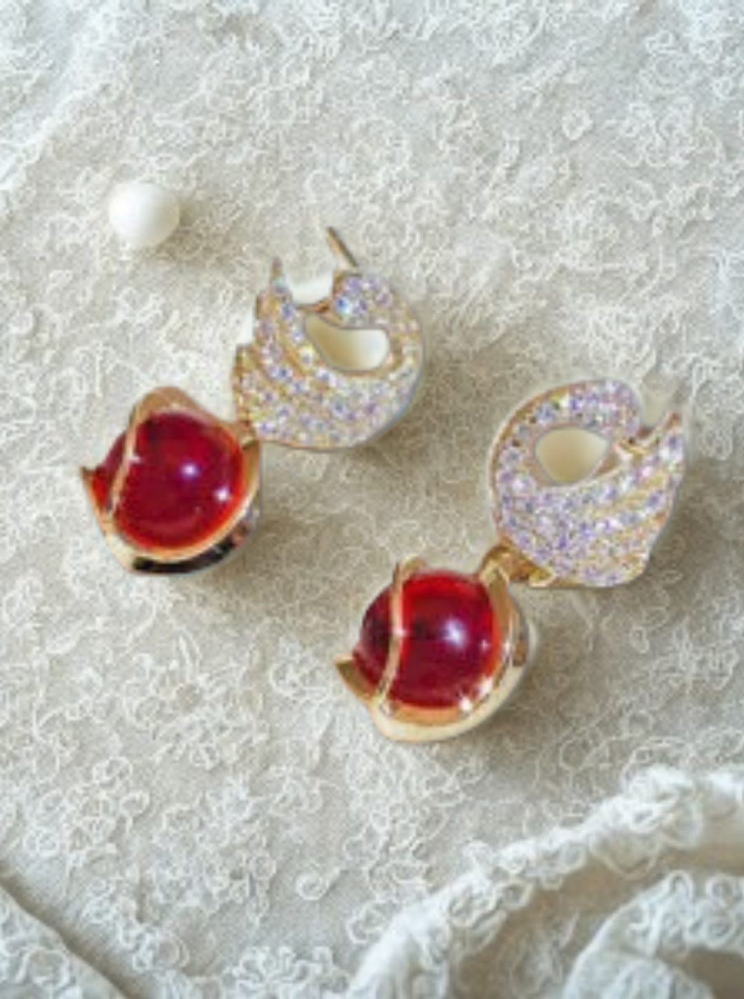 Red orb drop earrings with swan-shaped crystal studs – Ladybreeze