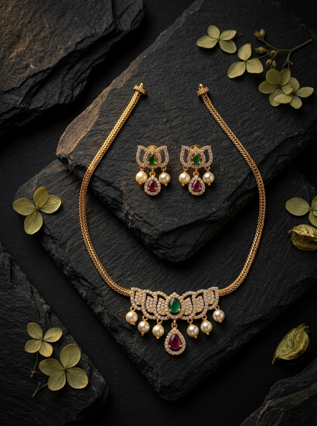 Ruby pearl necklace earrings