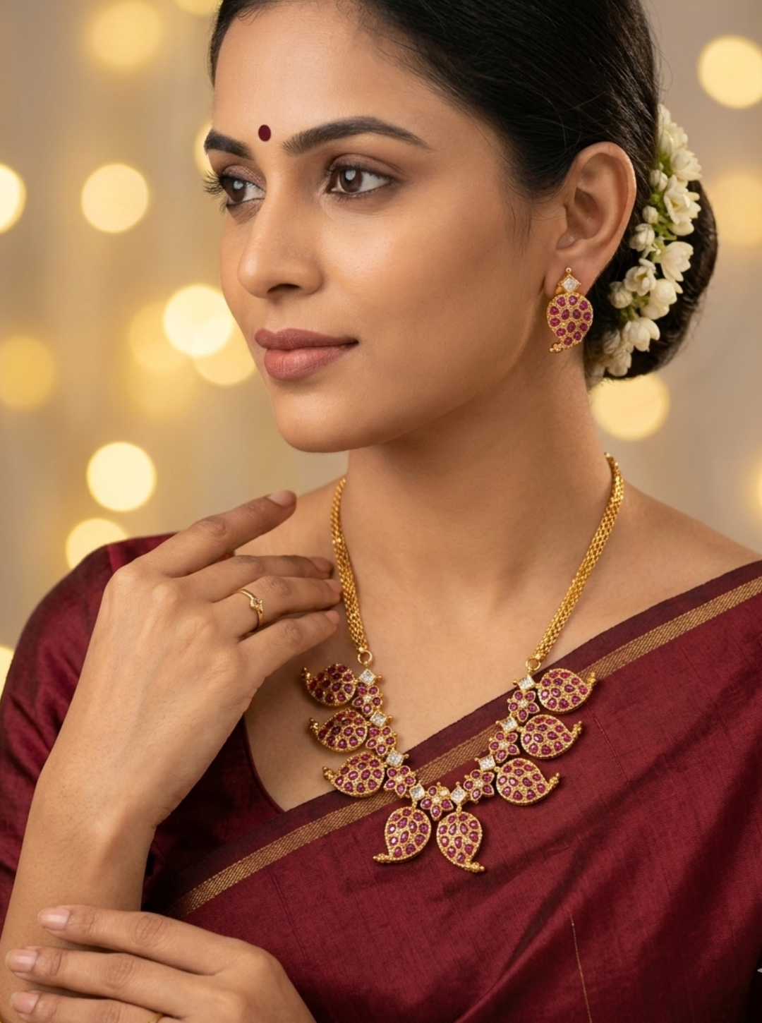 Gold finish ruby necklace with leaf motifs for women