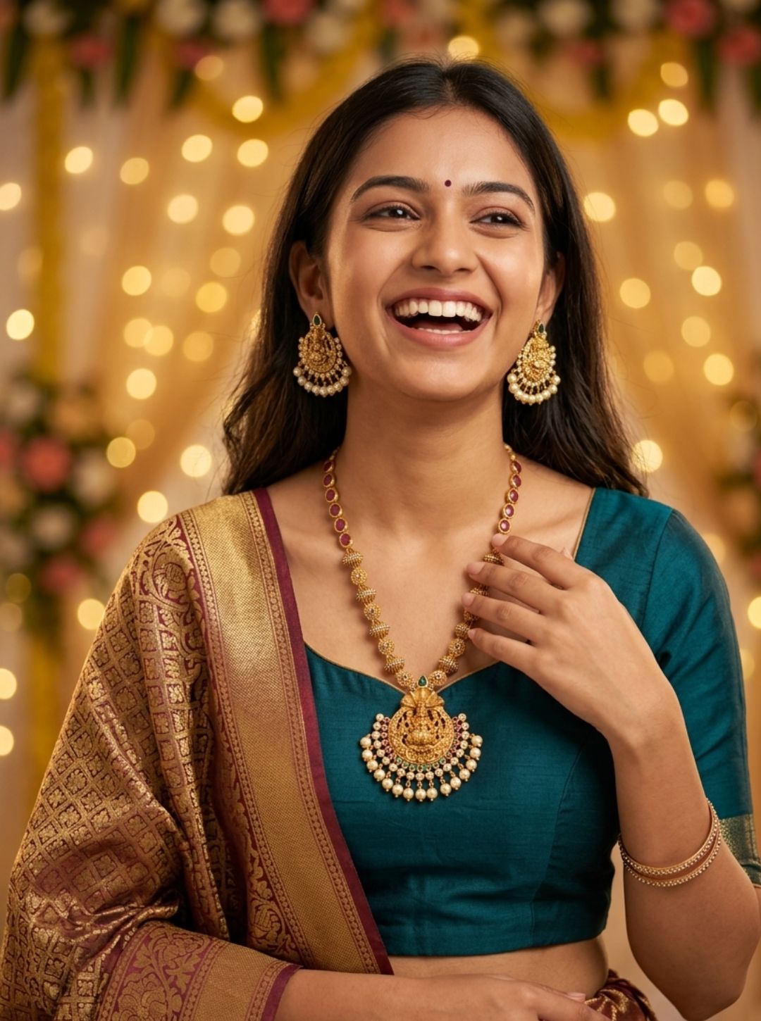 Lakshmi temple long necklace set with pearls