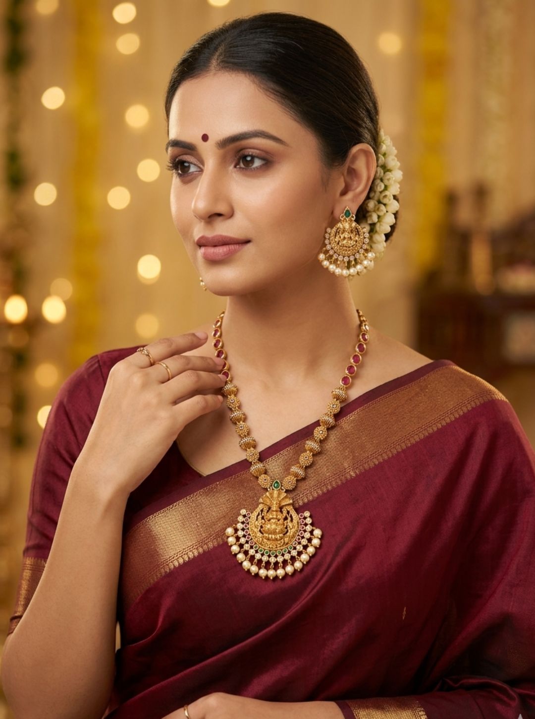 South Indian bridal necklace with pearl drops