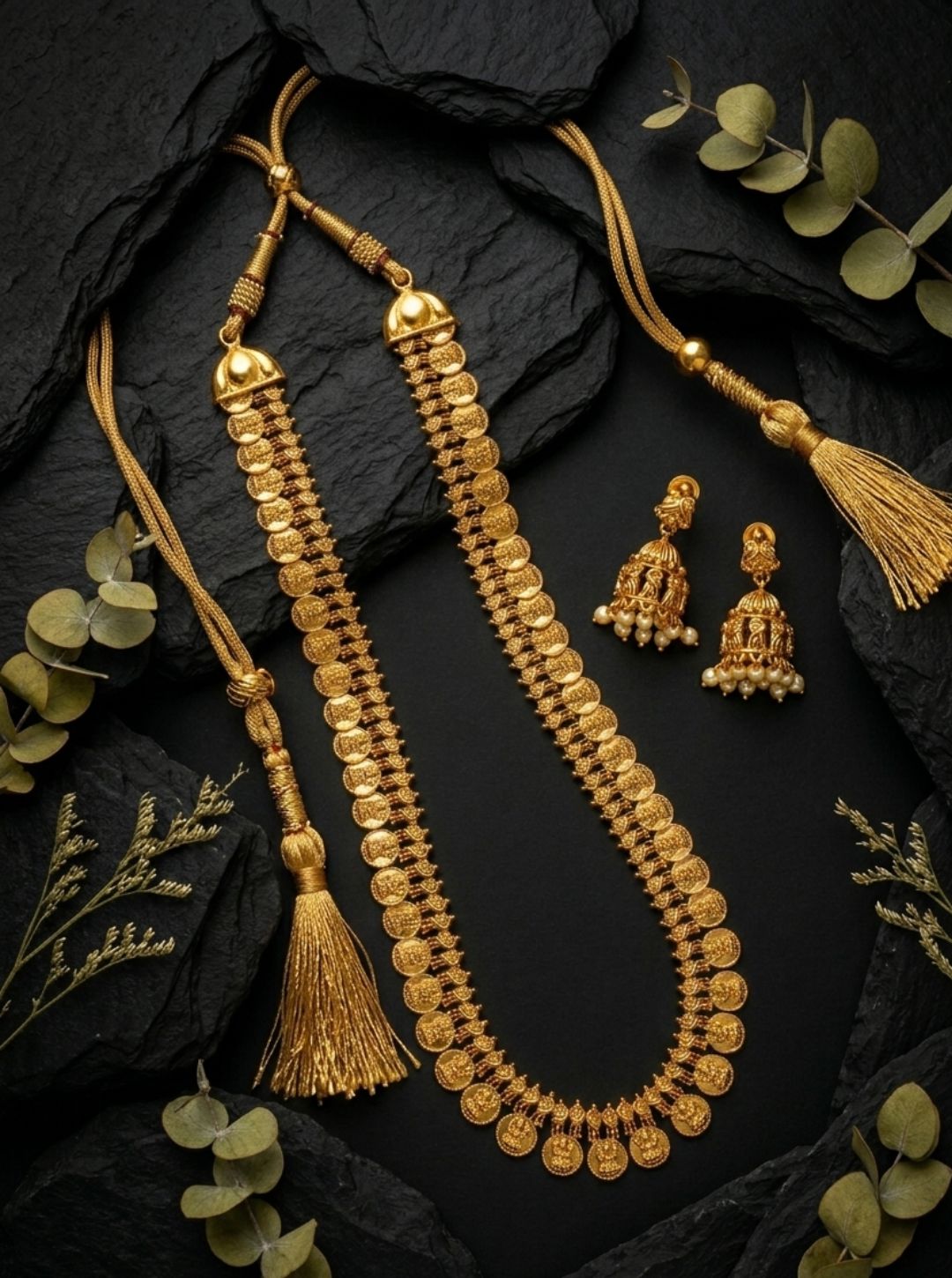 Coin layered necklace set with tassel and jhumkas
