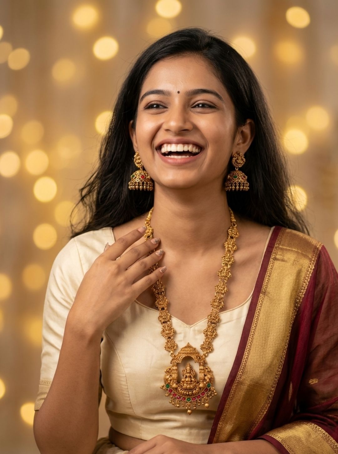 Peacock design temple jewellery long necklace set
