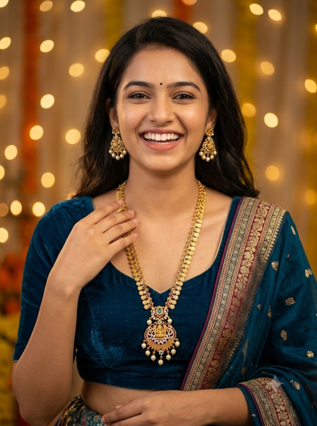 Gold finish necklace with pearl drops and stones