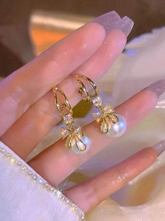 CRYSTAL-BOW PEARL EARRINGS