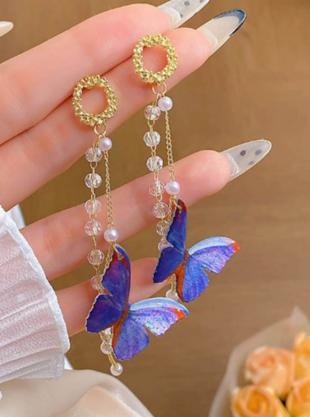 Gold floral stud earrings with blue butterfly and pearl drops – Ladybreeze