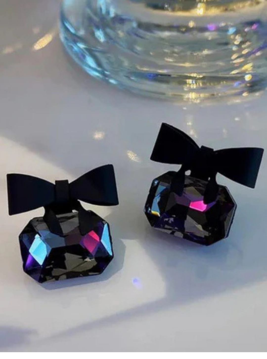 Matte black bow earrings with faceted smoky gemstone – Ladybreeze