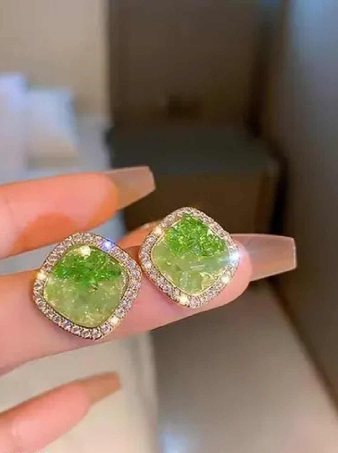 Lime Luxe Crystal Stud Earrings with gold rhinestone frame – Ladybreeze