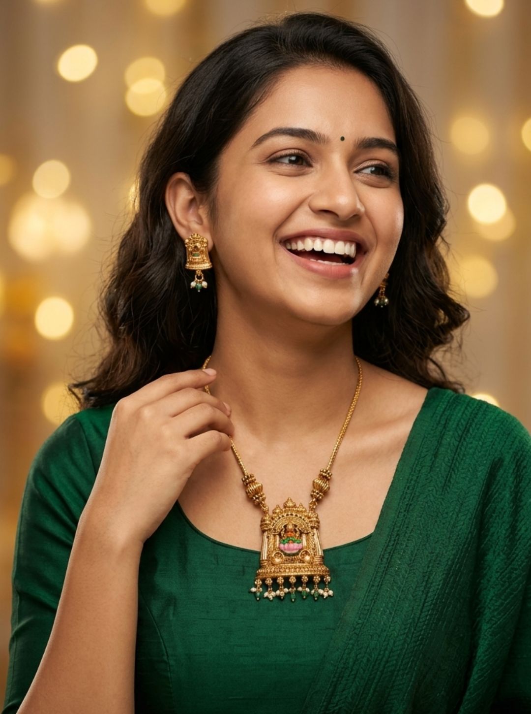 Antique gold temple necklace with pearl danglers