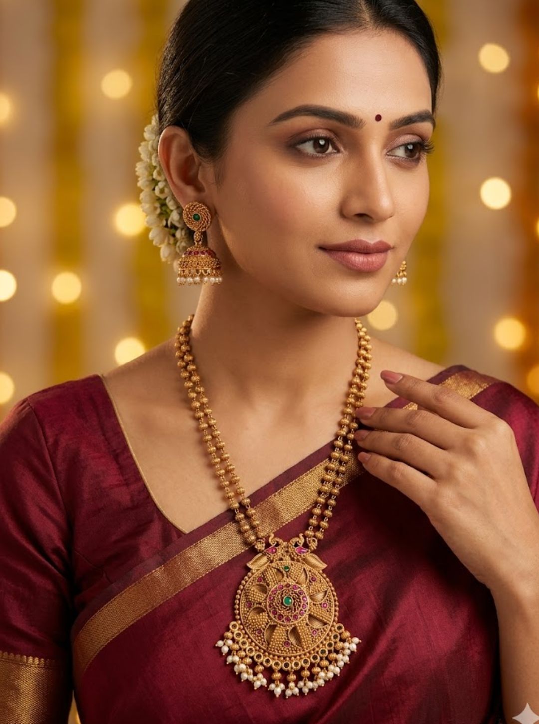 Traditional temple necklace set with pearls