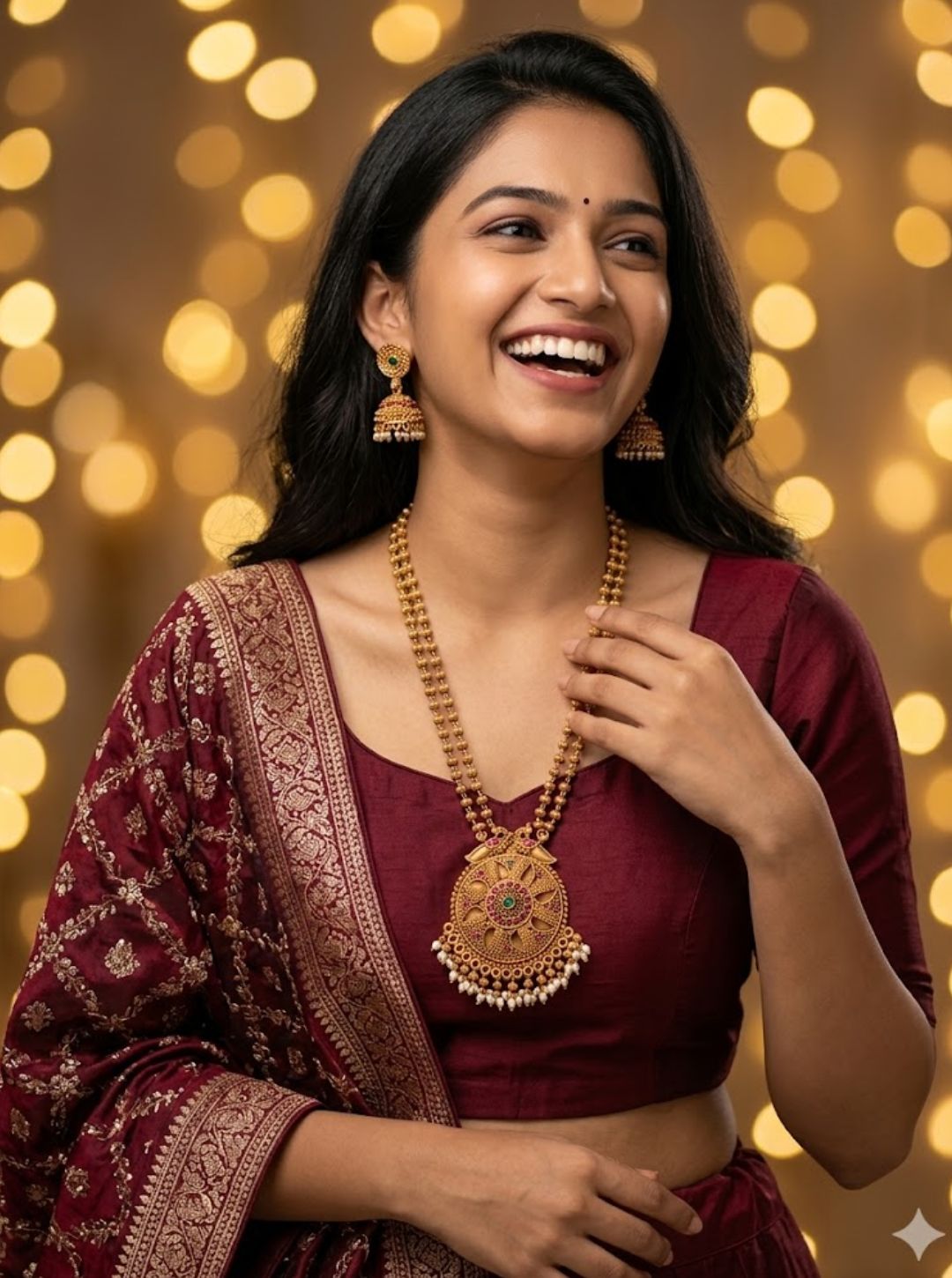 Gold-tone pendant necklace with jhumka earrings