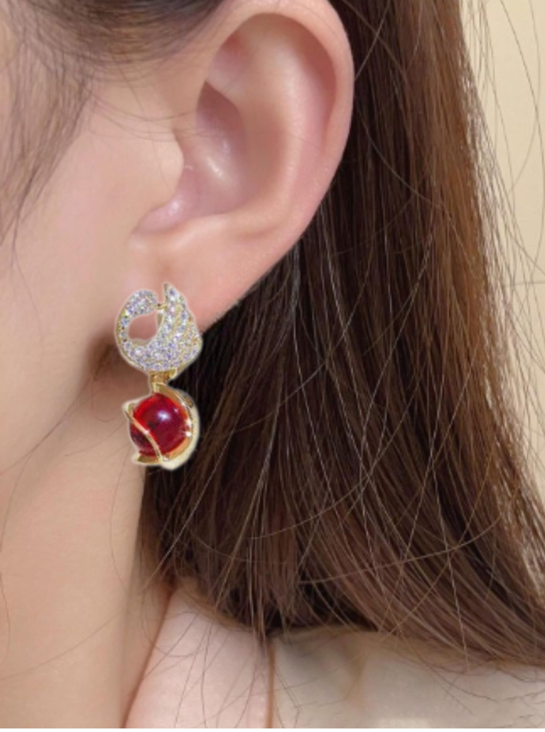 Bold red and gold swan motif earrings for festive occasions – Ladybreeze