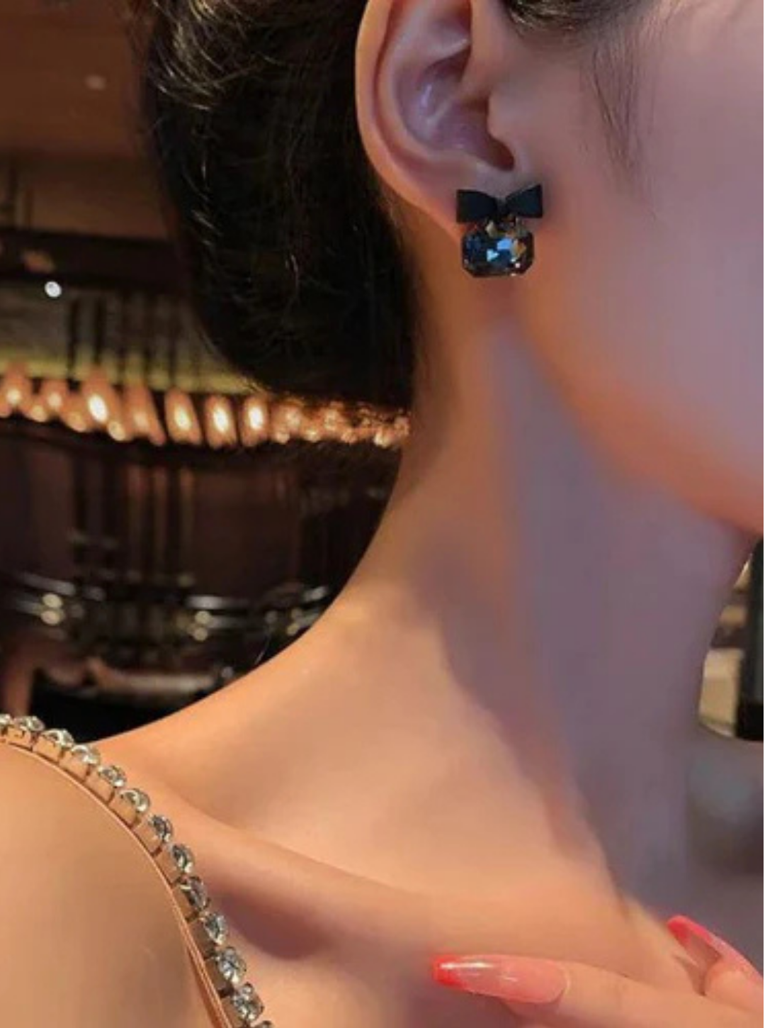 Elegant black bow studs with large smoky crystal – Ladybreeze