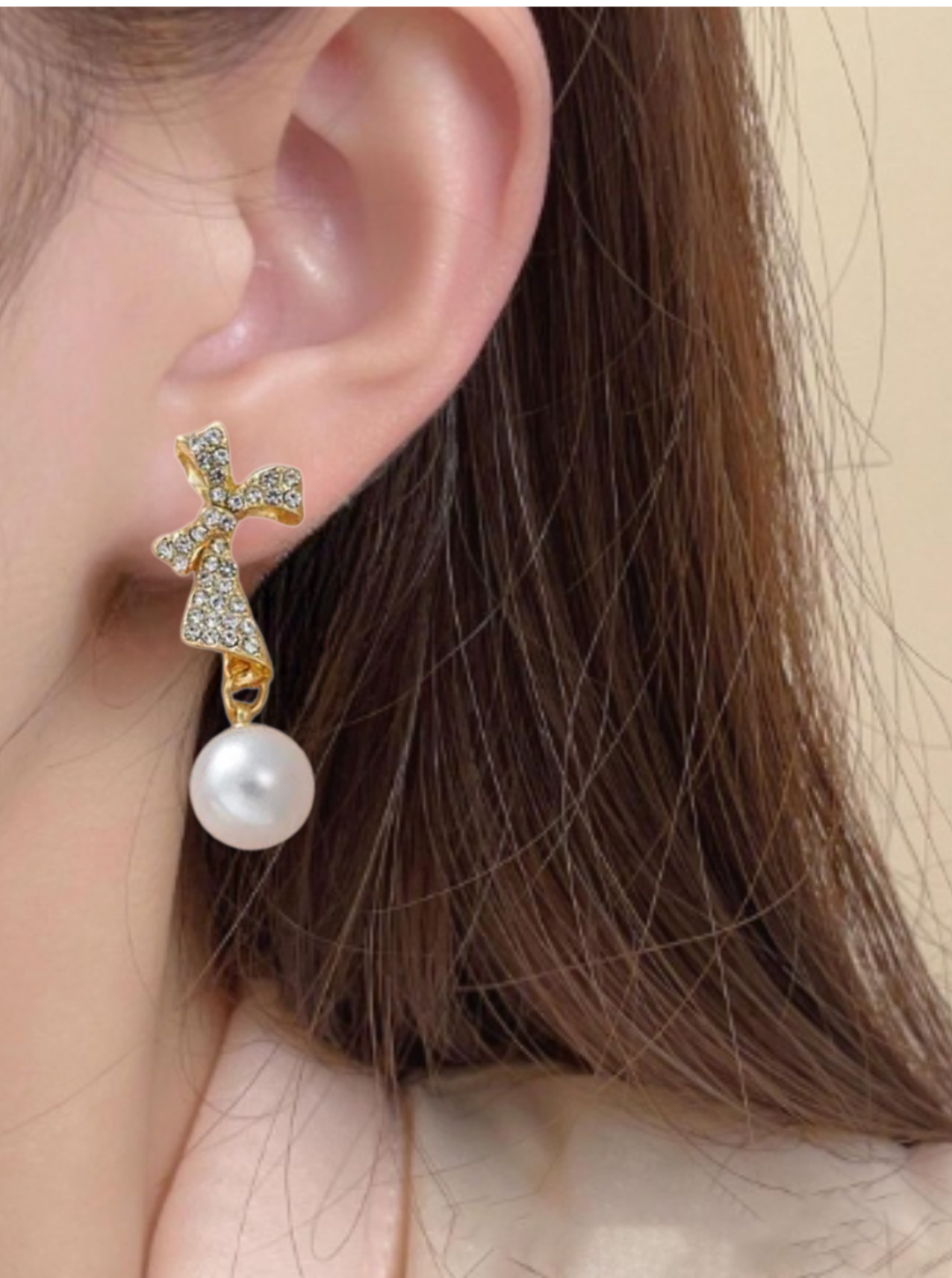 Golden Bow Pearl Drop Earrings with crystal bow top – Ladybreeze
