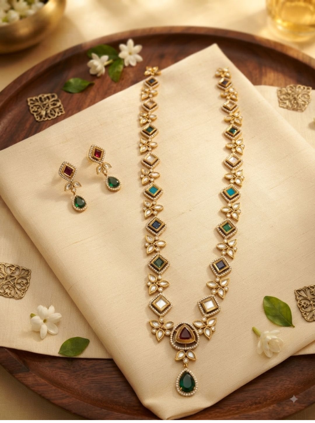 Elegant emerald-toned necklace set with geometric and floral motifs displayed on black slate.