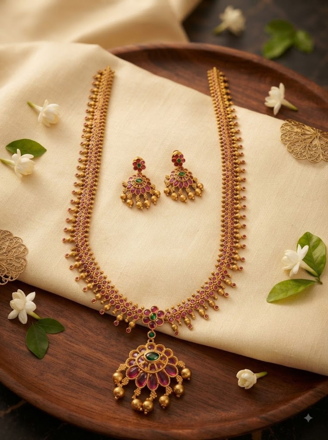 Traditional gold-toned ruby necklace set with green stones and an ornate pendant on black slate.
