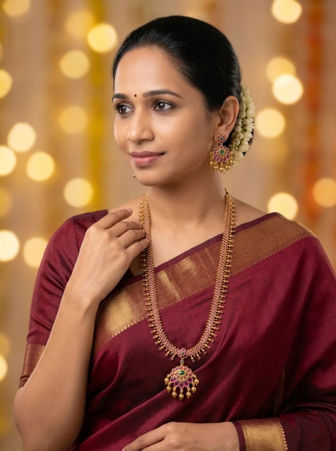 South Indian long necklace featuring ruby accents, green gemstones and matching traditional earrings.