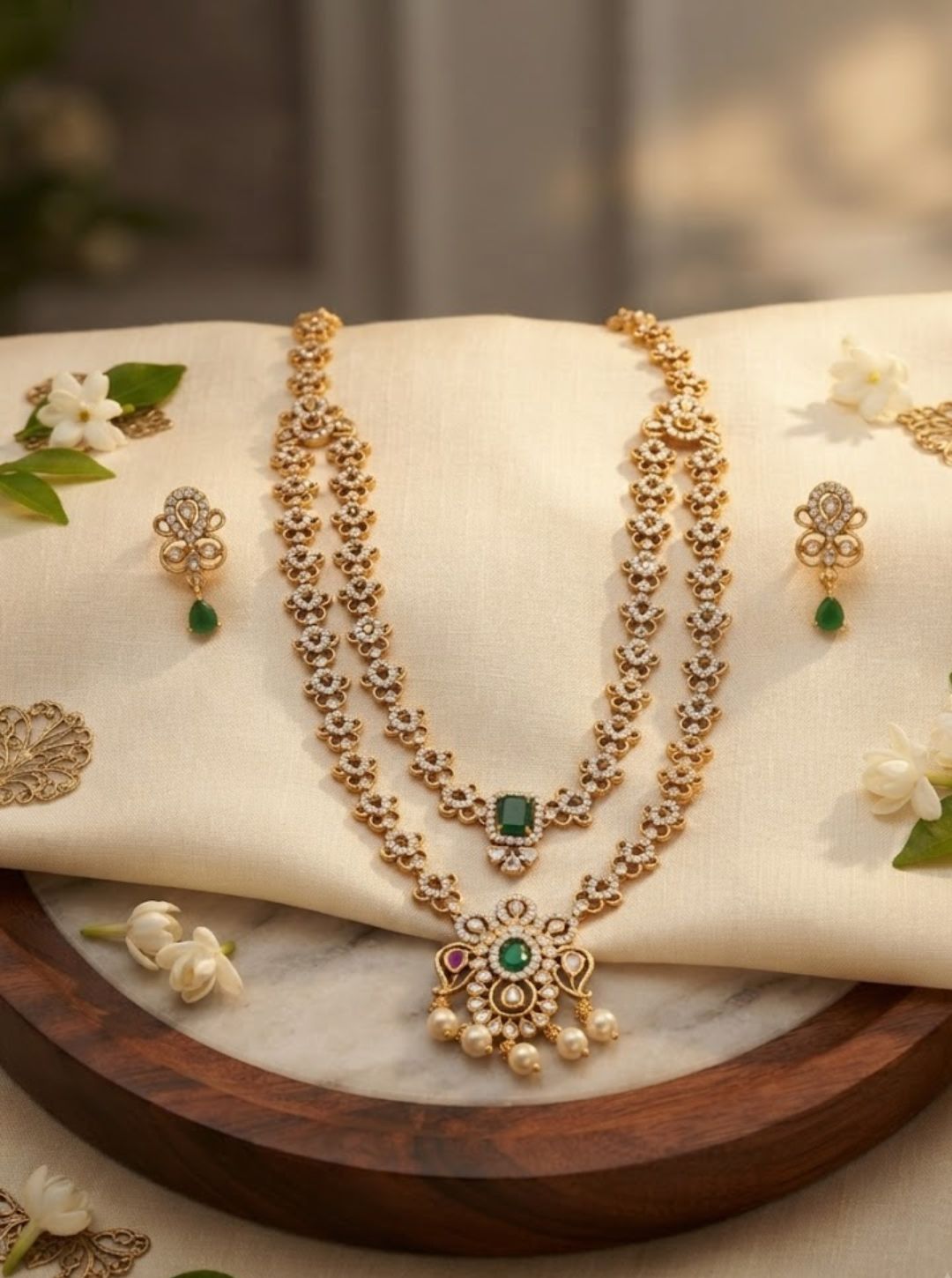 Delicate gold-toned floral necklace set with sparkling stones and green gemstone pendants.