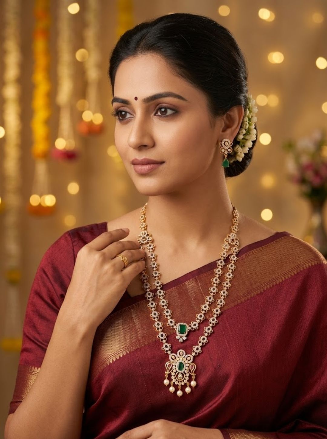 Elegant layered South Indian necklace featuring floral links, green stones and matching drop earrings.
