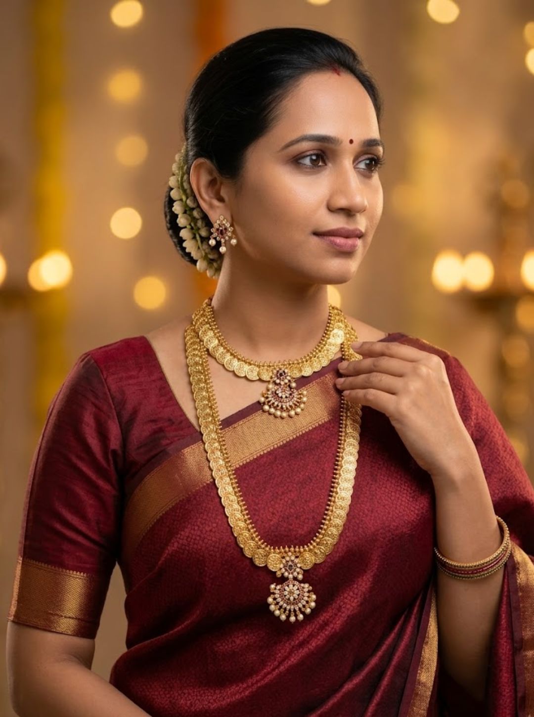 Traditional gold-toned coin necklace combo set with ornate pendant and matching earrings on black slate.