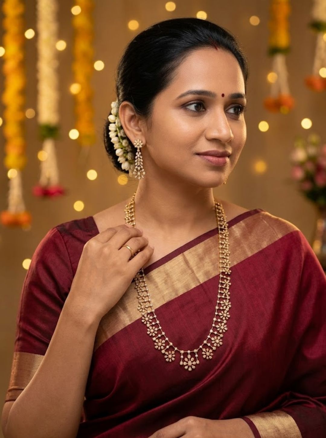 Minimal floral statement necklace with sparkling stones, gold-toned detailing and matching earrings.