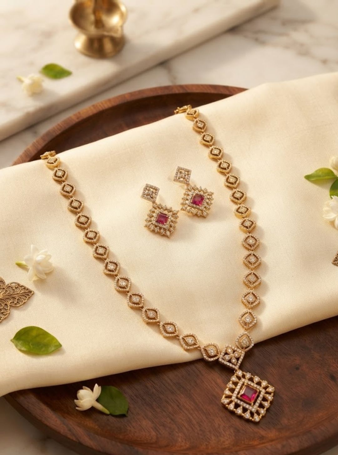 Gold-finish ruby necklace set with matching stud earrings