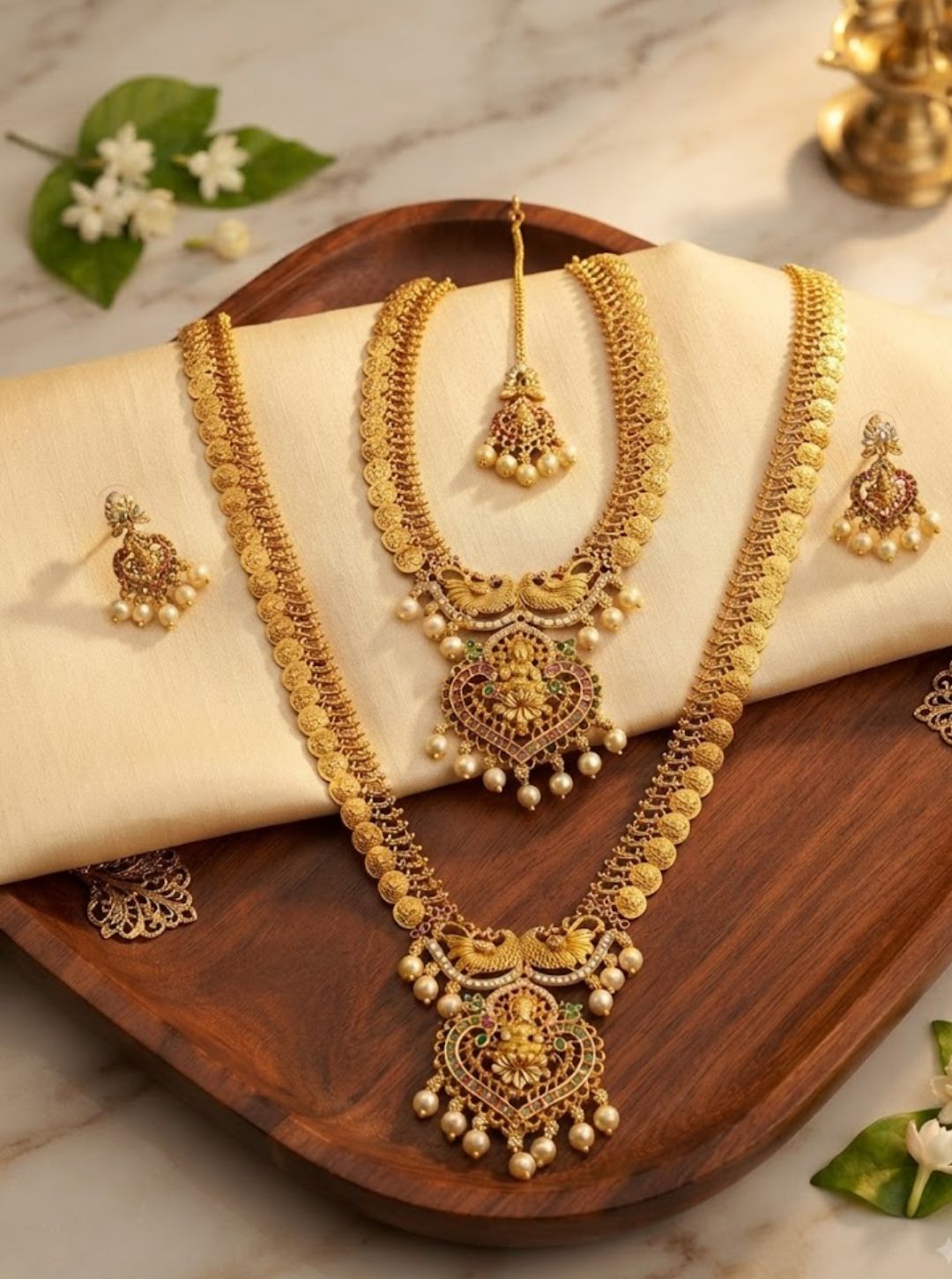 Long bridal peacock necklace with pearl drops and earrings