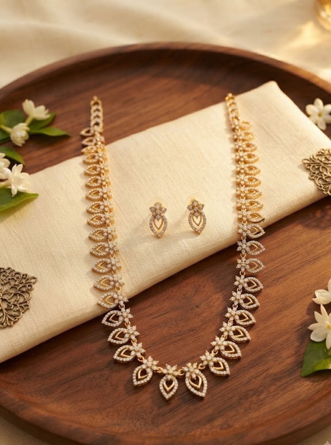 Leaf Necklace with floral CZ design