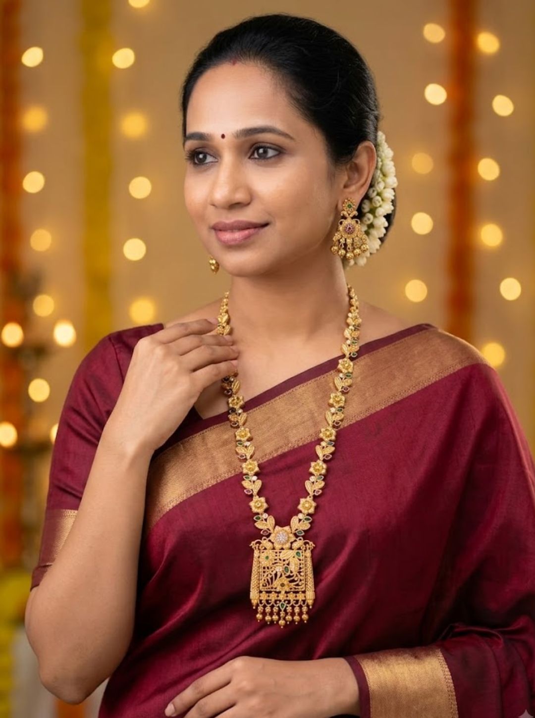 Gold-finish floral pendant necklace with matching earrings