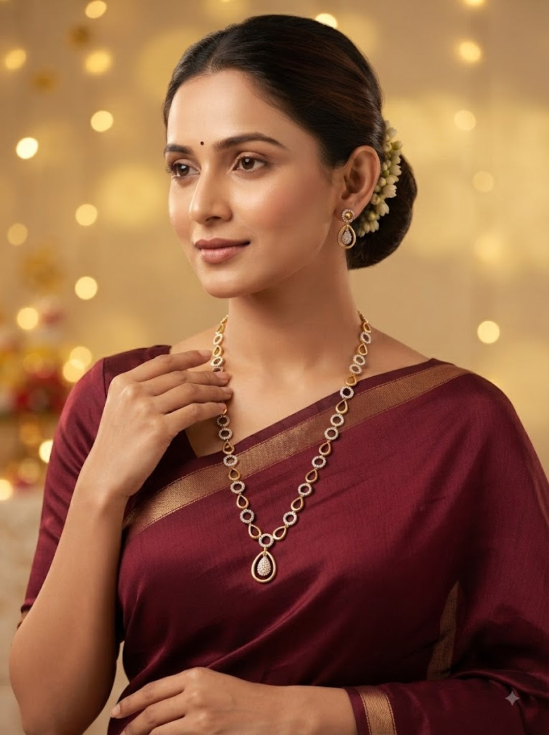 Elegant teardrop necklace set featuring sparkling circular motifs and a large teardrop pendant.