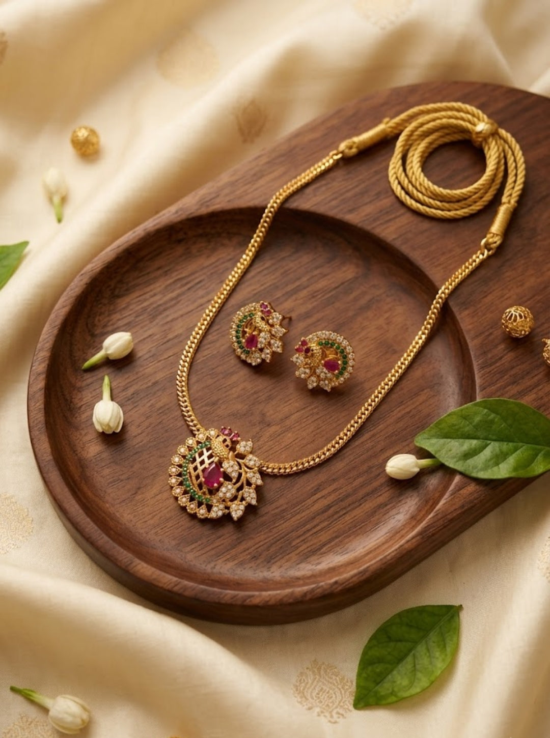 Gold cord necklace with intricate peacock jewellery pendant decorated with ruby, green and sparkling stones.