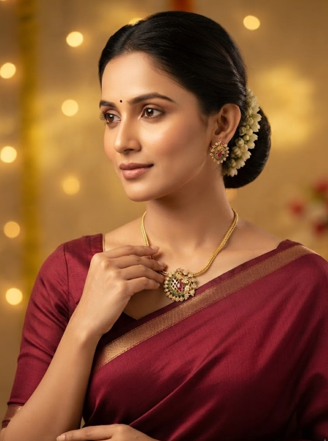 South Indian necklace set featuring a detailed peacock pendant, gemstone border and matching earrings.