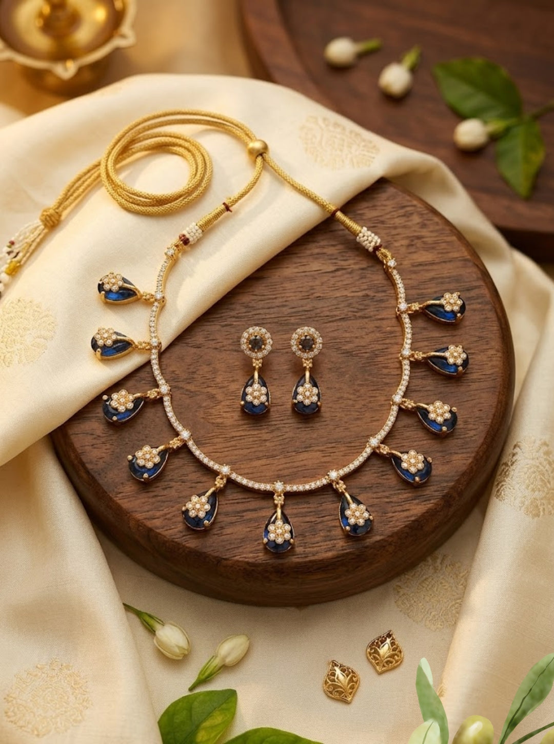 Elegant gemstone drop necklaces featuring sparkling chains and floral detailing in three vibrant colours.