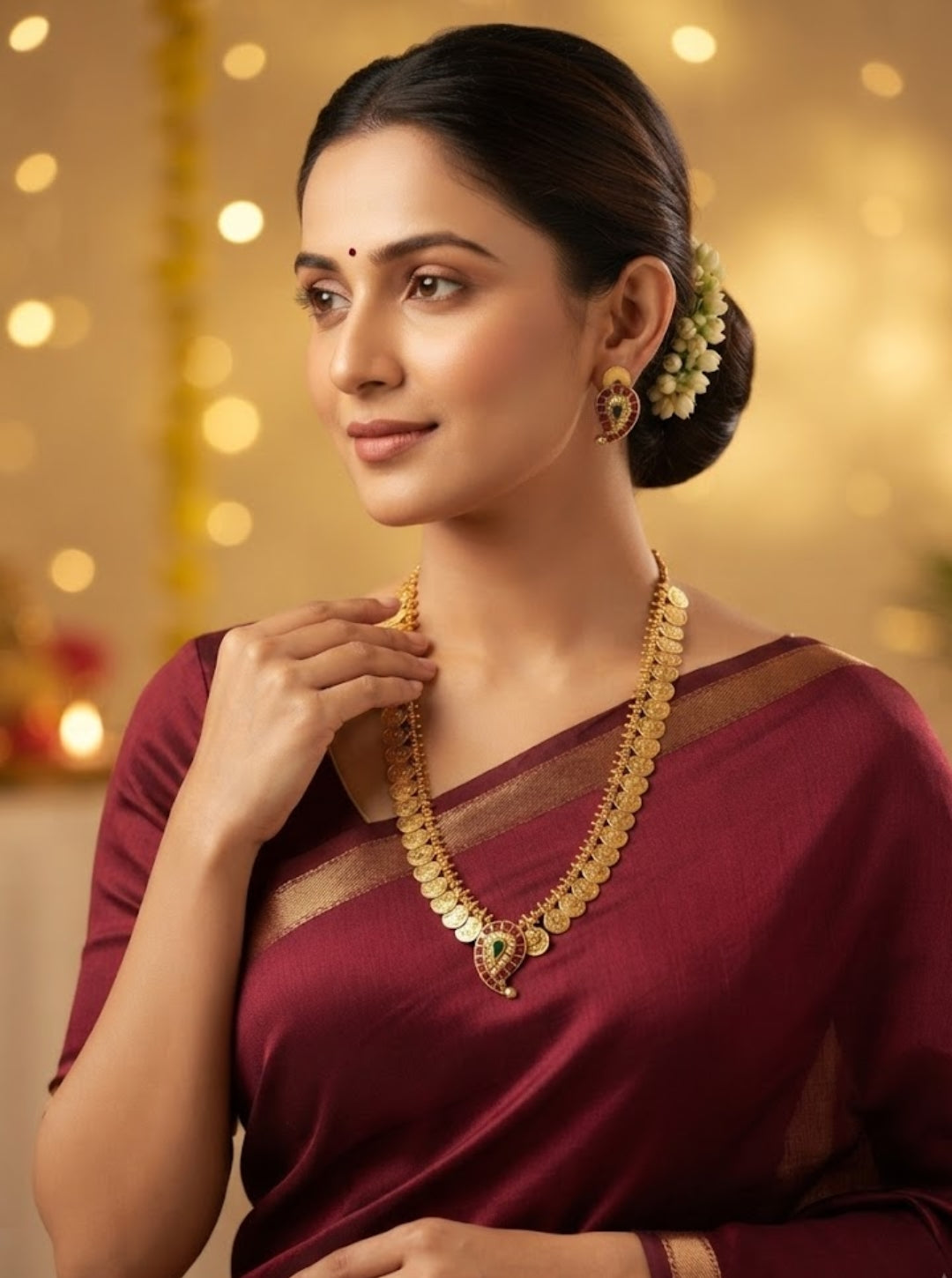 Traditional gold-toned coin necklace with ruby and green teardrop pendant and matching earrings.