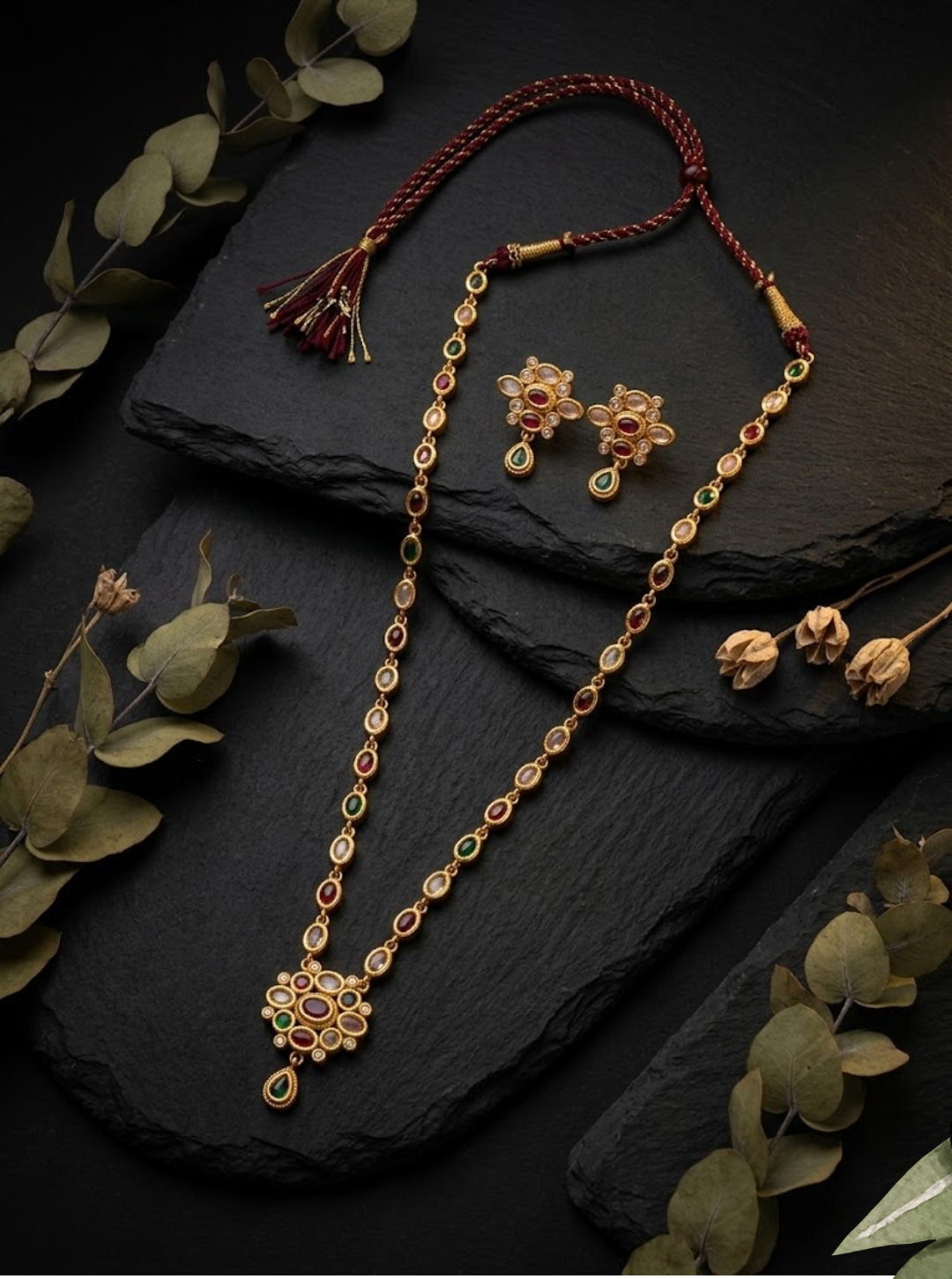 South Indian maroon thread kemp necklace with matching earrings
