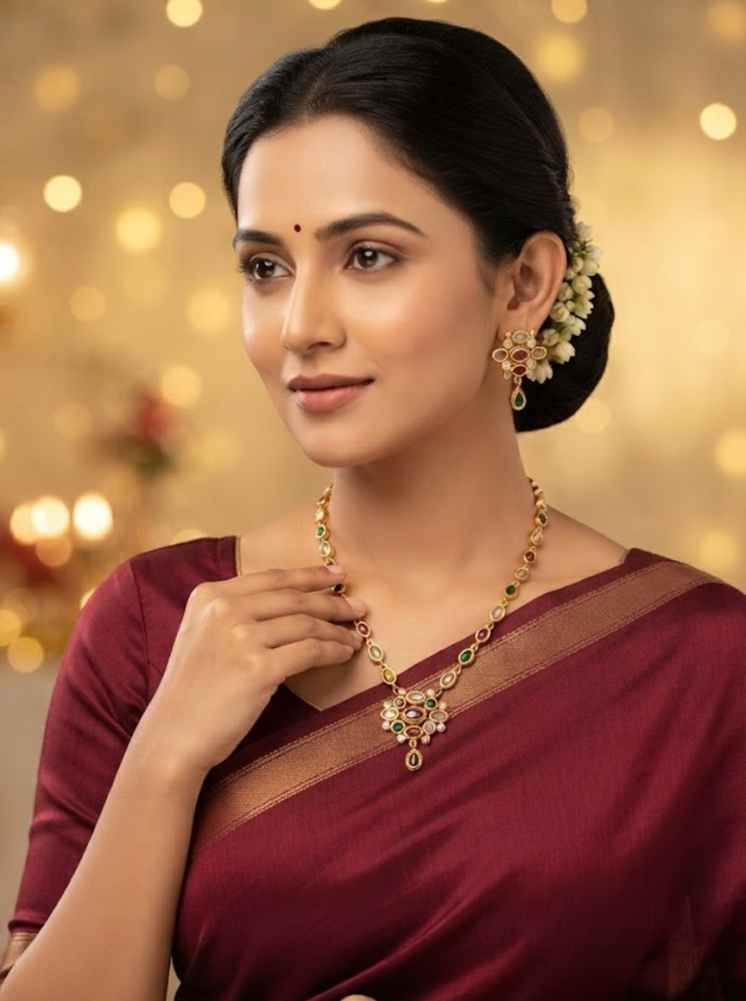 Traditional gold-finish kemp necklace for festive and ethnic wear