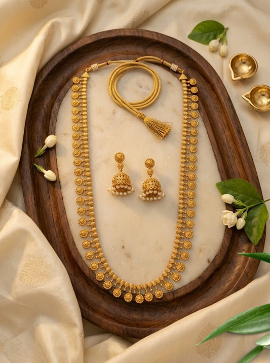 Traditional South Indian coin necklace with pearl jhumka earrings