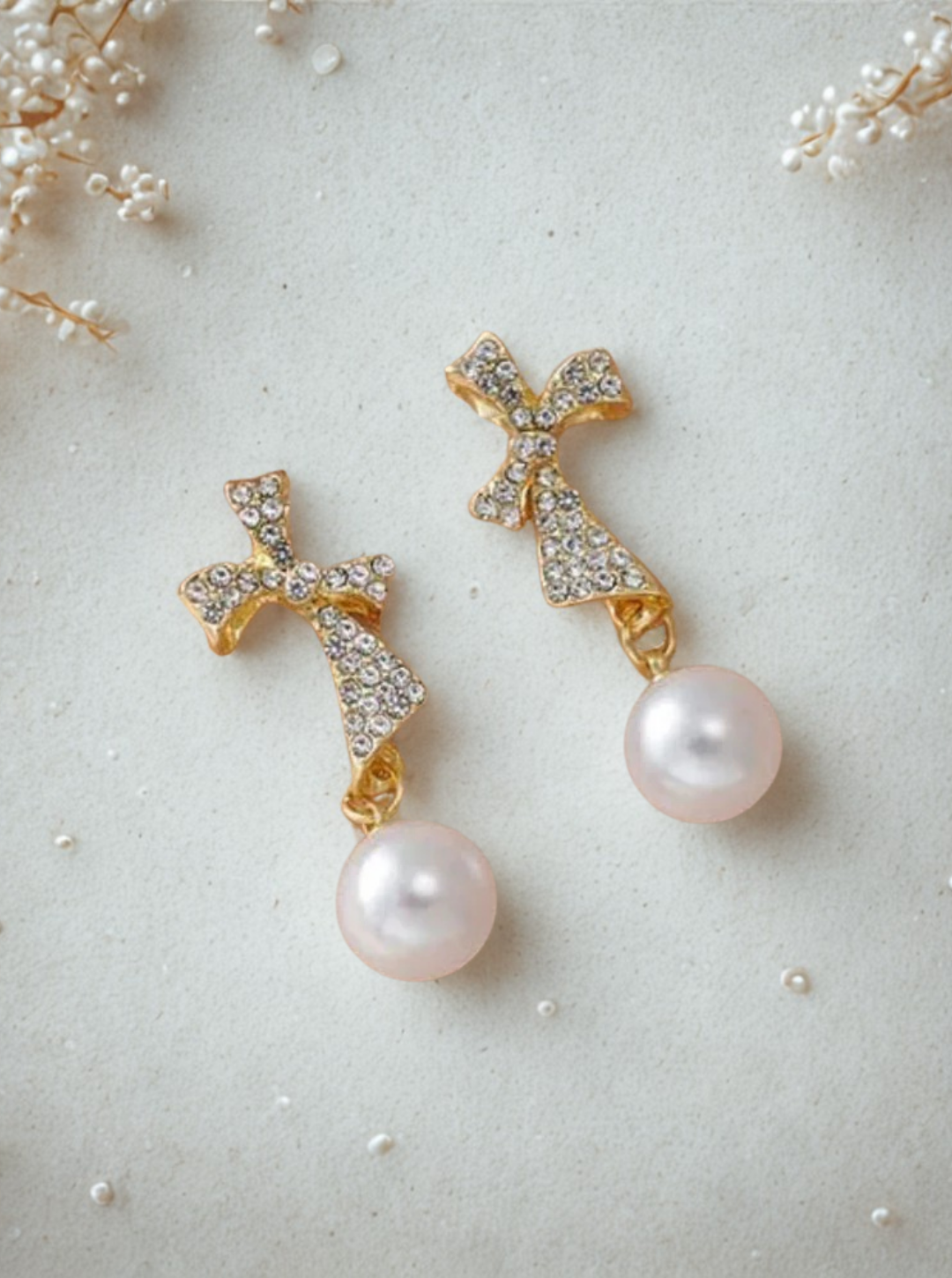 Golden Bow Pearl Drop Earrings with crystal bow top – Ladybreeze