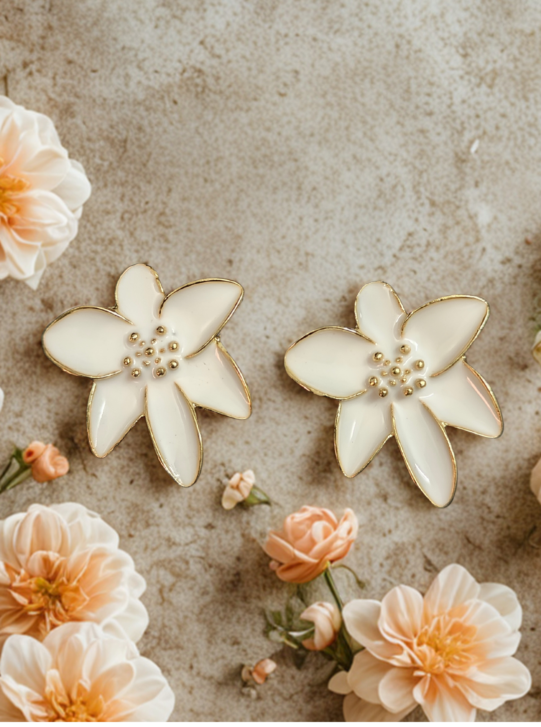 Ivory Bloom Petal Stud Earrings with golden rim