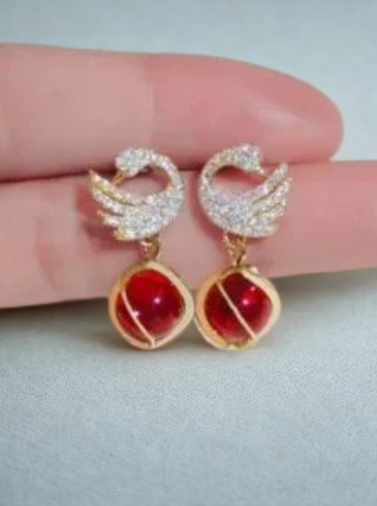 Swan Elegance earrings with crystal stud and red orb drop – Ladybreeze
