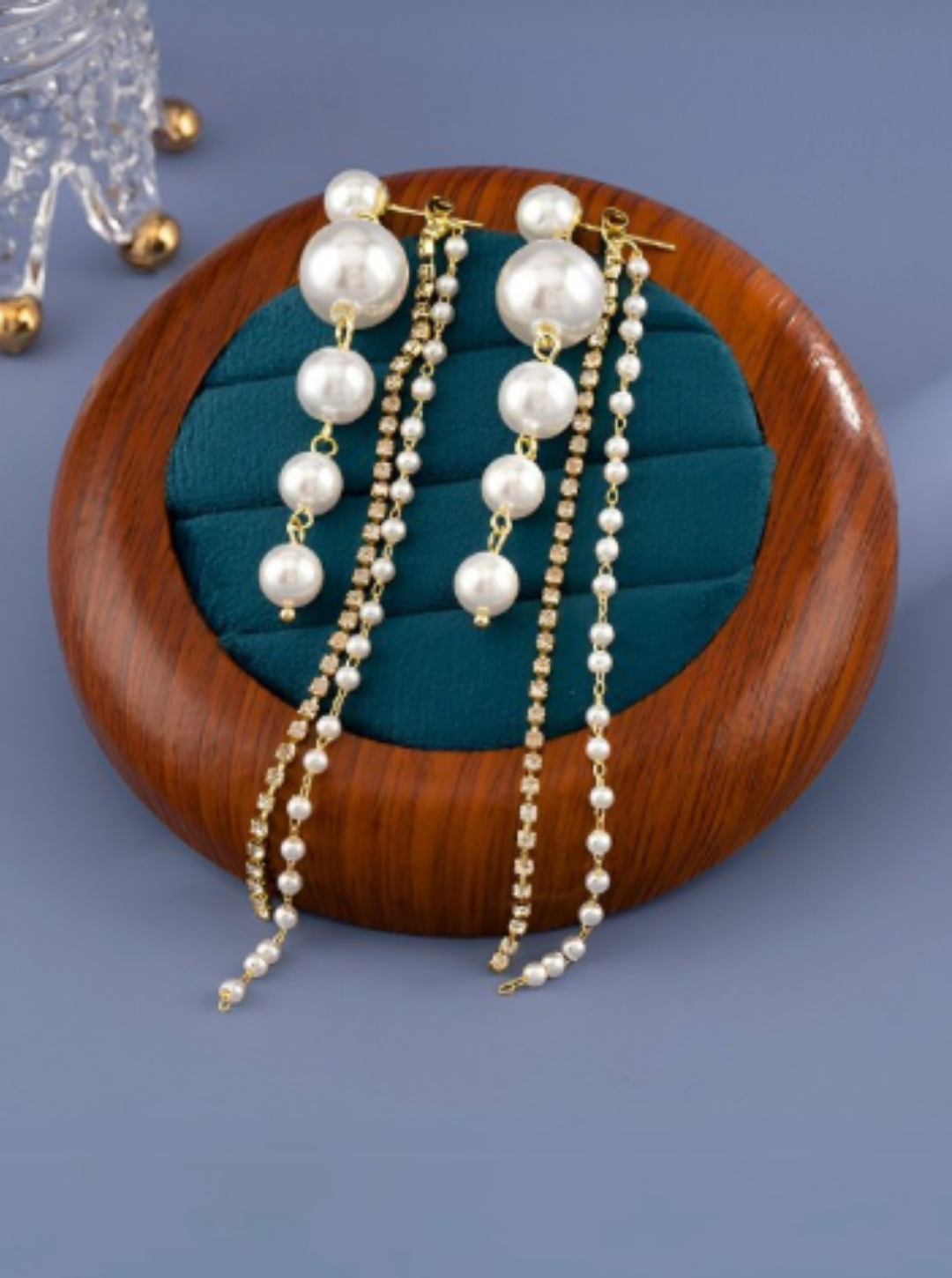 Elegant gold-tone pearl cascade earrings with crystal sparkle – Ladybreeze