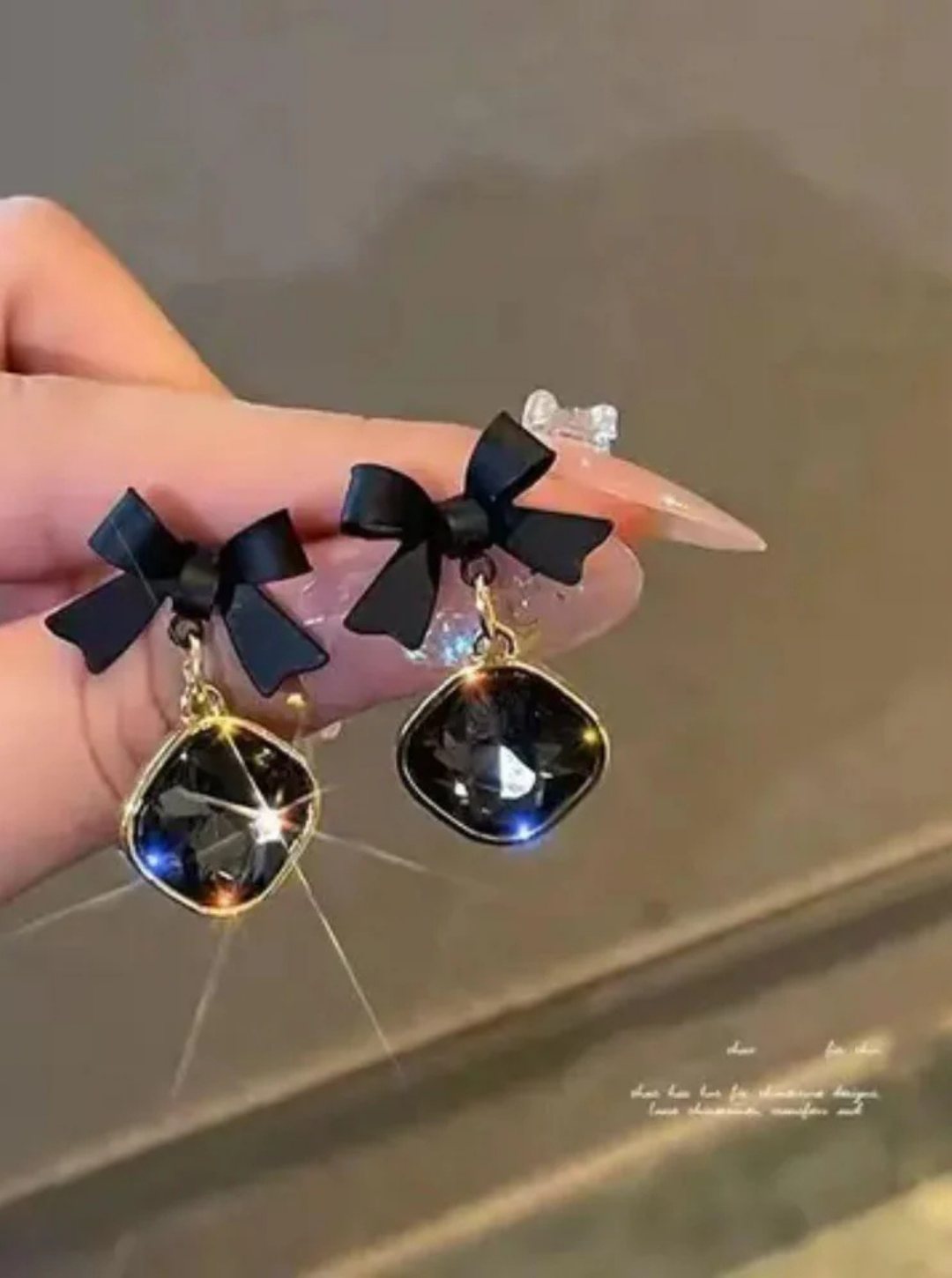 Midnight Bow Charm Earrings with black satin bow and crystal drop – Ladybreeze