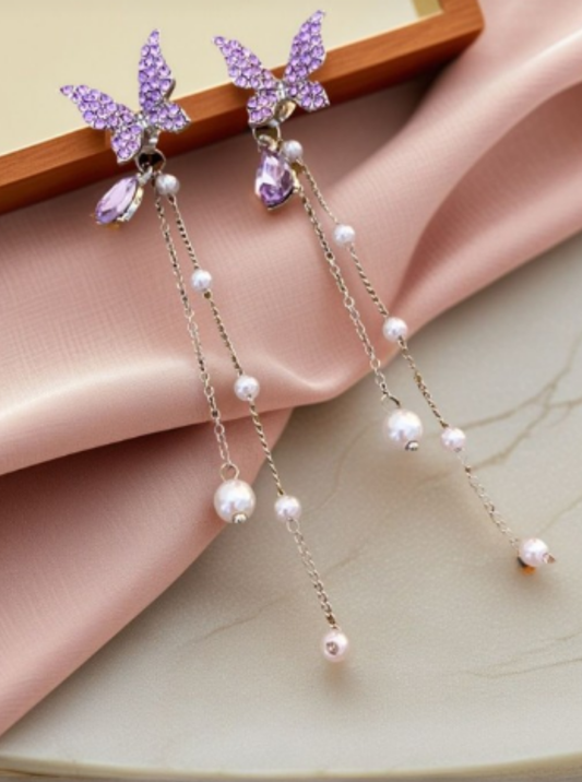 Lavender butterfly drop chain earrings with pearls and crystals – Ladybreeze